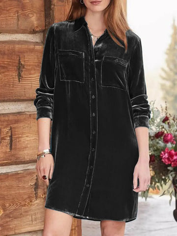 High Low Button Up Long Sleeve Knee Length Dress