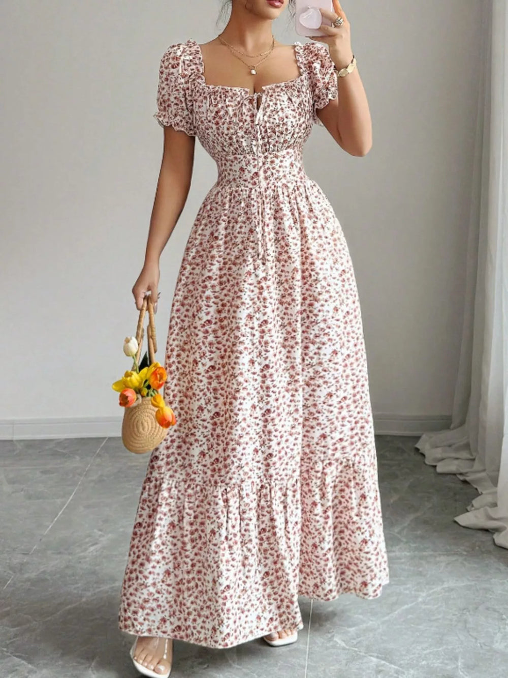 Floral Print Puff Sleeve Maxi Dress