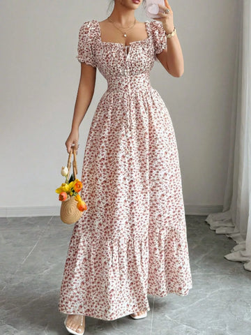Floral Print Puff Sleeve Maxi Dress