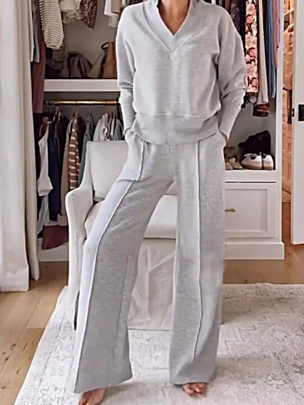 Full Size Cozy V Neck Top and Pants Set Plus Size