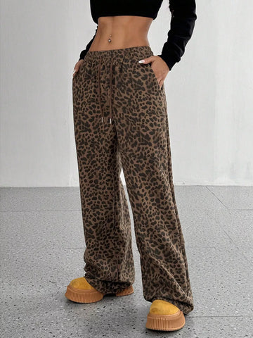 Leopard Wide-Leg Drawstring Pants