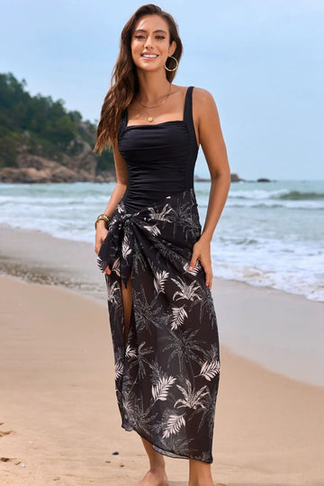 Square Neck Printed One Piece Swimwear and Cover Up Swim Set