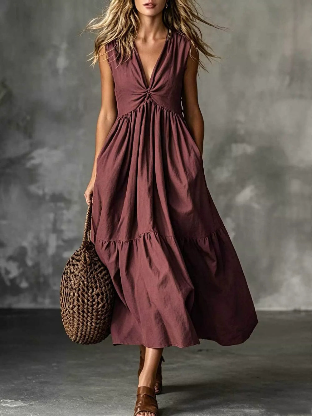 V Neck Twisted Tiered Midi Dress