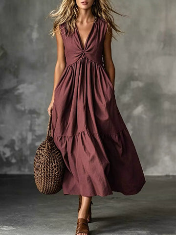 V Neck Twisted Tiered Midi Dress