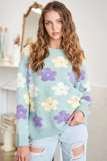 ADORA Full Size Floral Popped 2 Tone Sweater Top Plus Size
