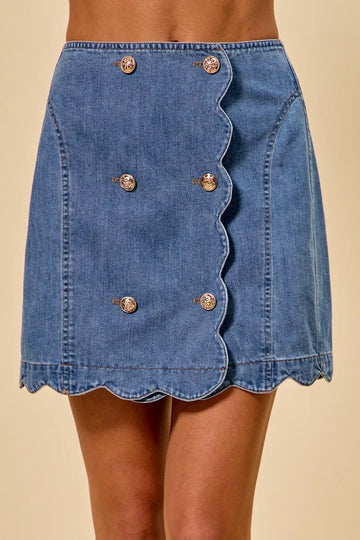SO ME Denim Scalloped Buttoned Front Skirt