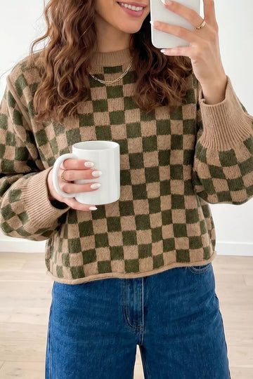 Multicolour Drop Shoulder Plaid Knit Long Sleeve Sweater