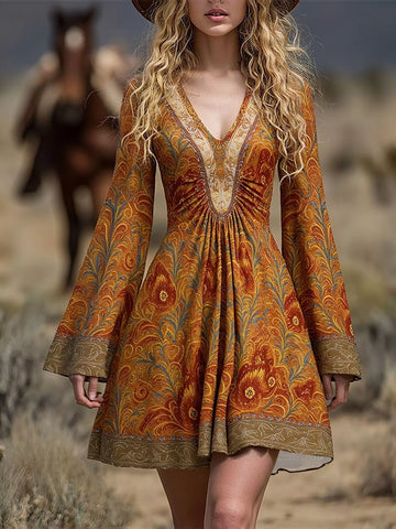 Printed V-Neck Flare Sleeve Dress