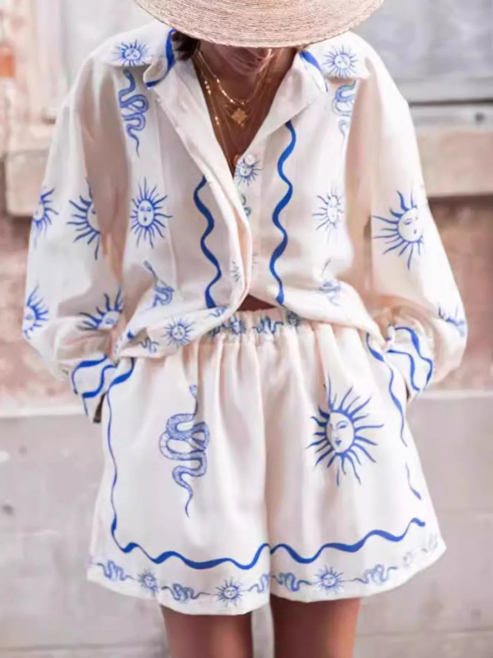 Printed Button Up Shirt and Shorts Set