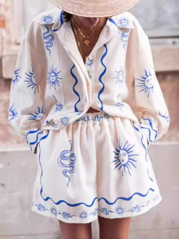 Printed Button Up Shirt and Shorts Set