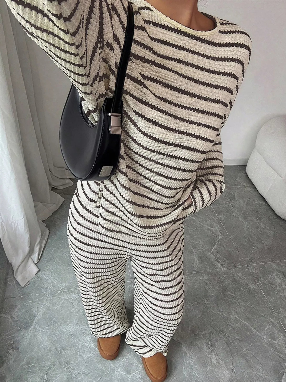 Striped Knit Dropped Shoulder Top and Pants Set