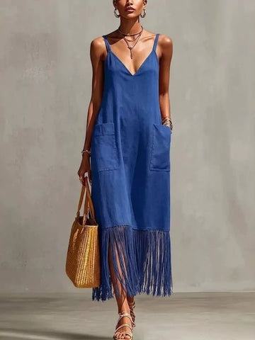 Full Size Fringe V Neck Spaghetti Strap Dress Plus Size