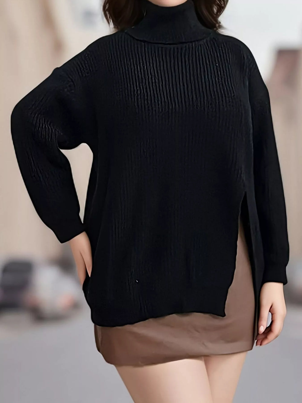 Plus Size Side Slit Ribbed Turtleneck Sweater