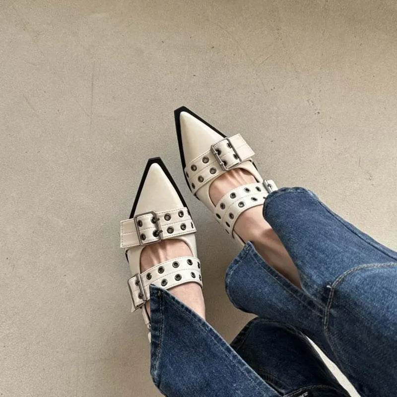 Point Toe Eyelet Buckle Slip Ons