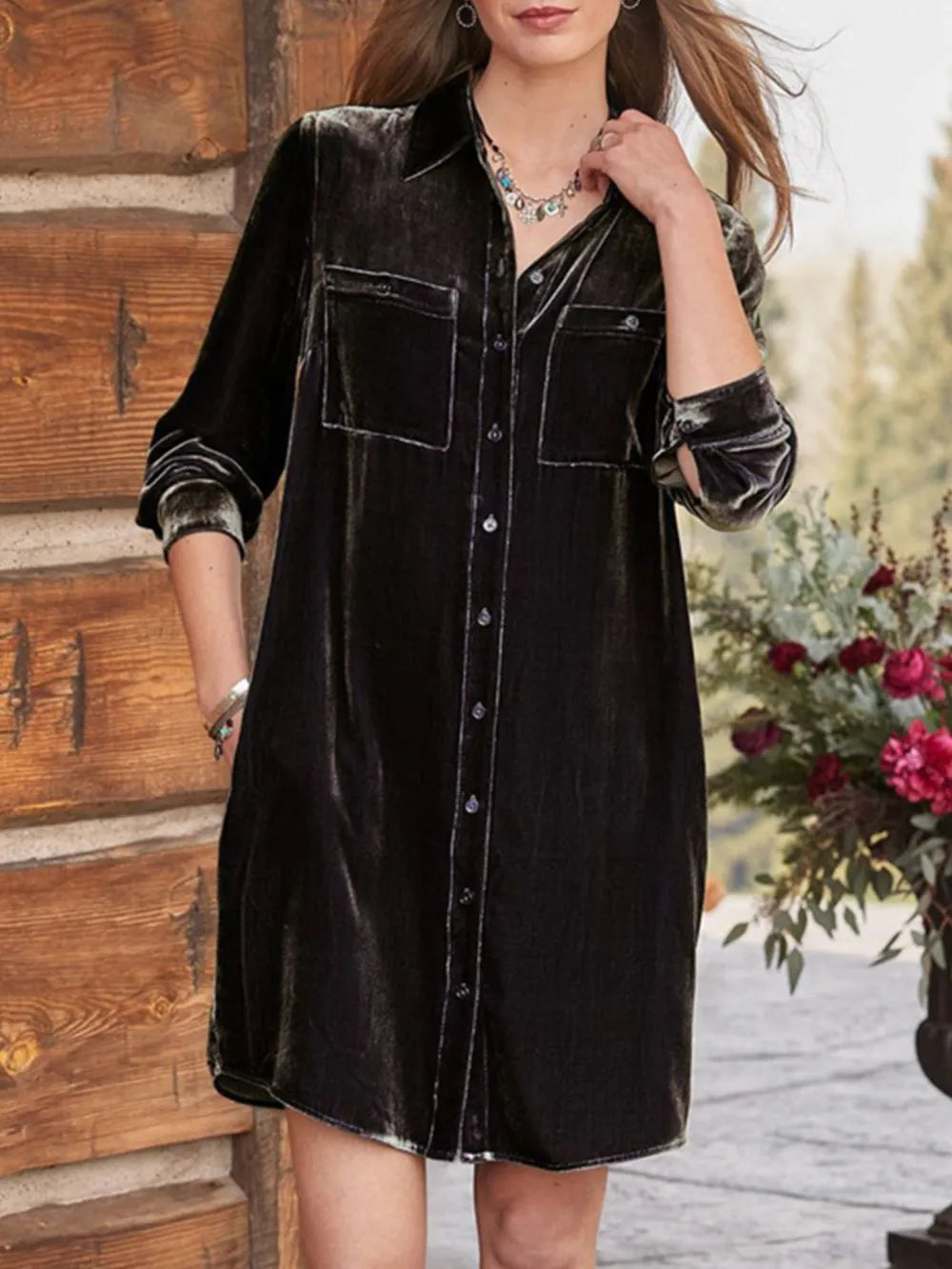 High Low Button Up Long Sleeve Knee Length Dress