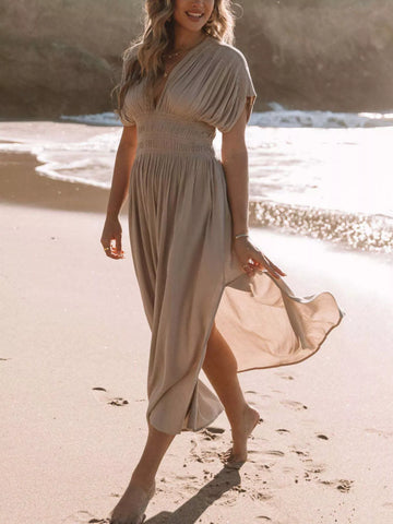 Full Size Slit V Neck Smocked Waist Maxi Dress Plus Size