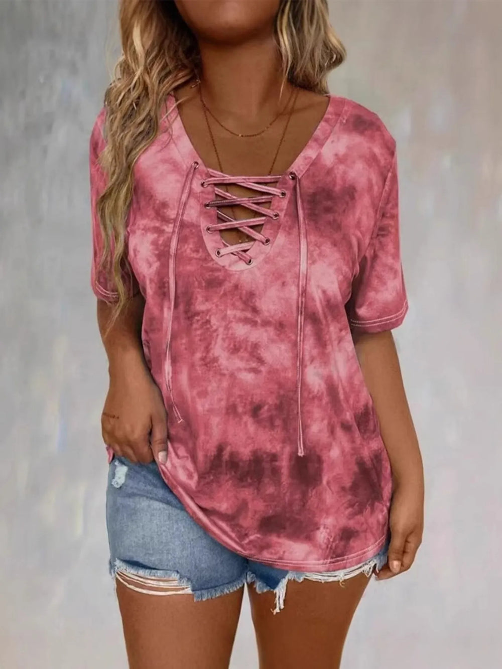Tie Dye Lace Up V Neck Casual T-Shirt