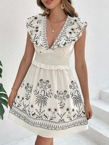 Smocked Ruffled Cap Sleeve Mini Dress