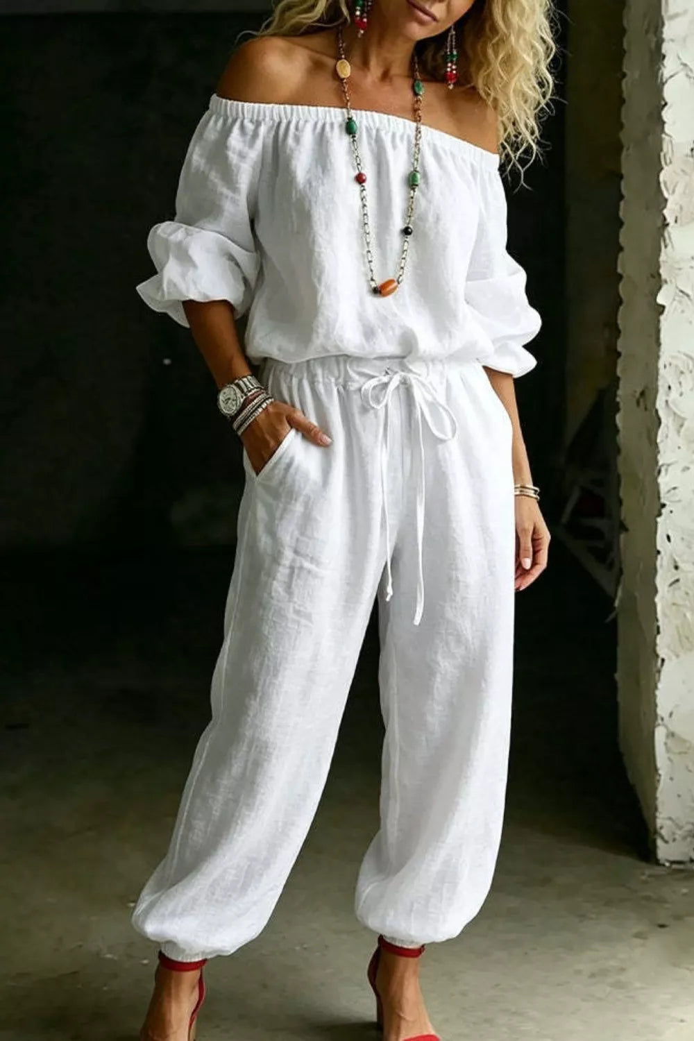 Full Size Off Shoulder Top and Pants Set Plus Size