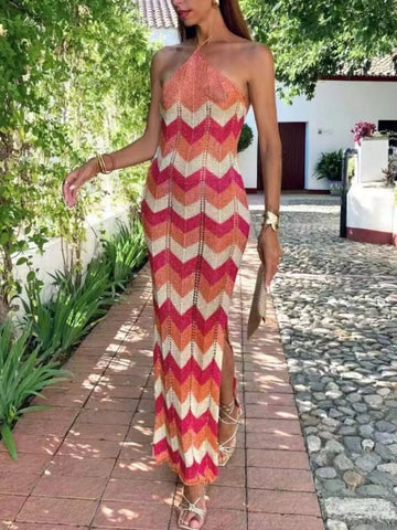 Chevron Pattern Halter Neck Midi Sweater Dress