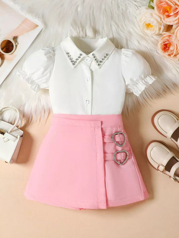 Children’s Rhinestone Collar Blouse & Heart Buckle Skirt Set