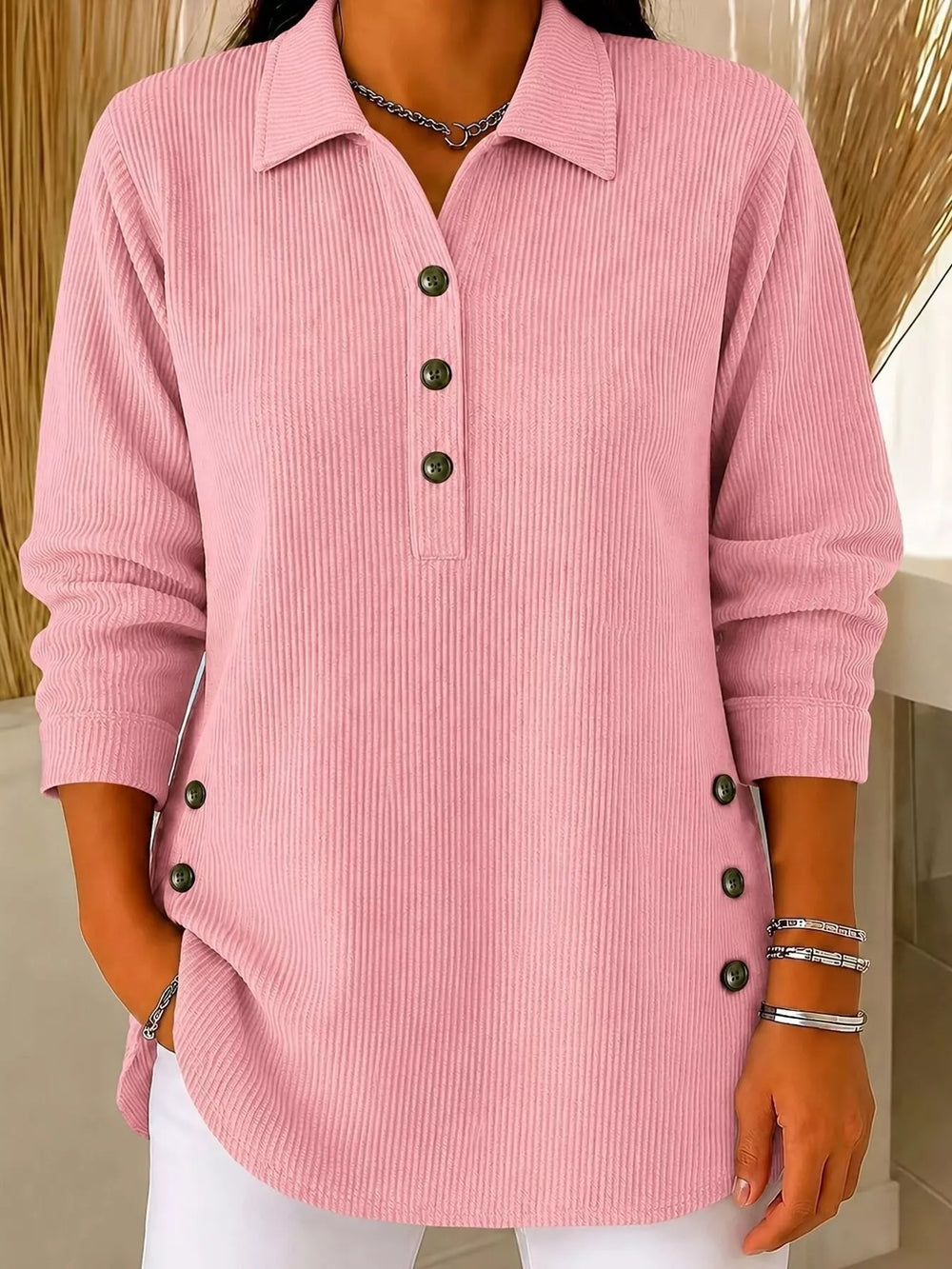 Full Size Button Detail Long Sleeve Top Plus Size