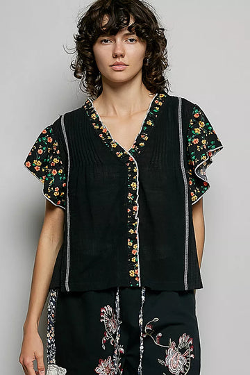 POL V Neck Floral Ruffle Sleeve Blouse