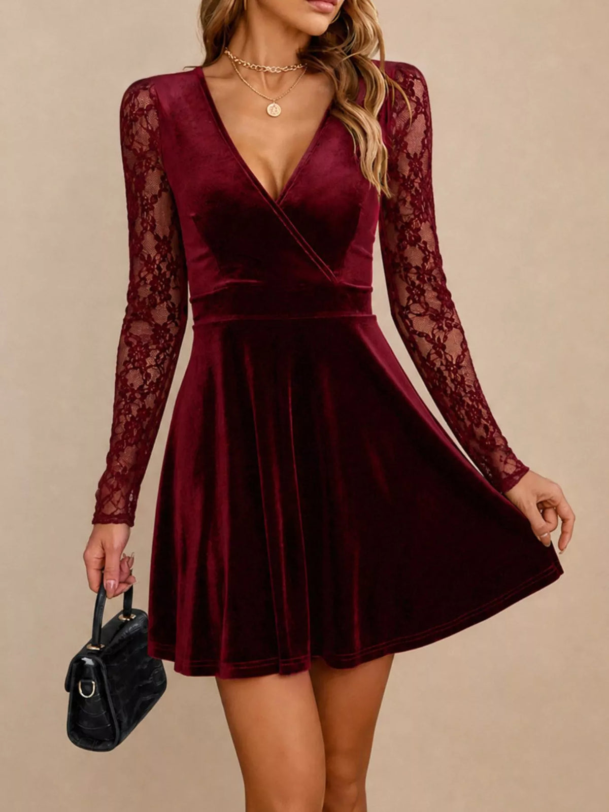 Velvet Lace Long Sleeve Mini Dress