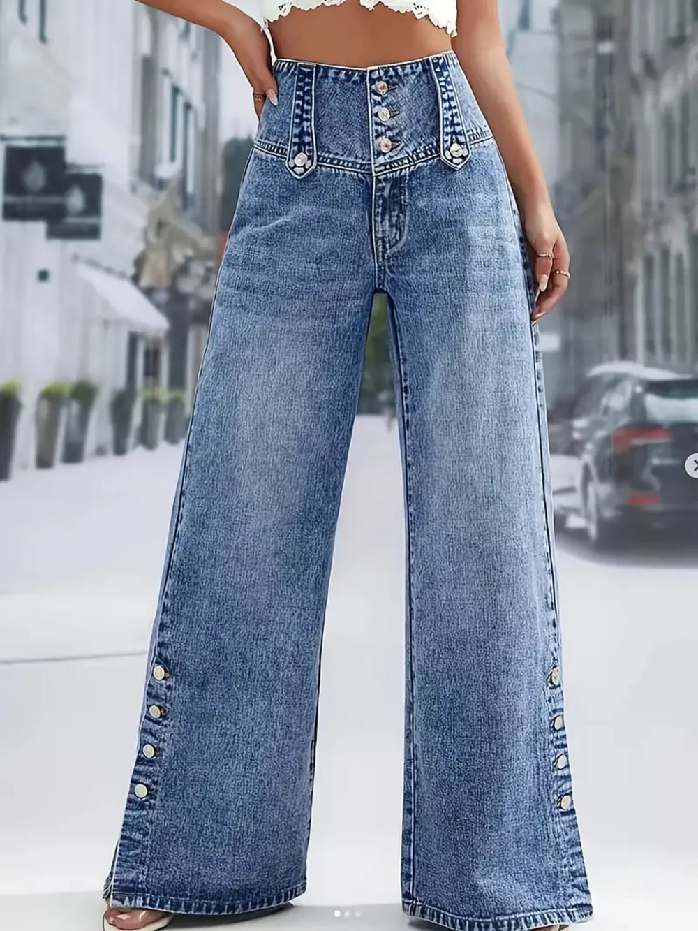High Waist Button Decor Wide Leg Jeans