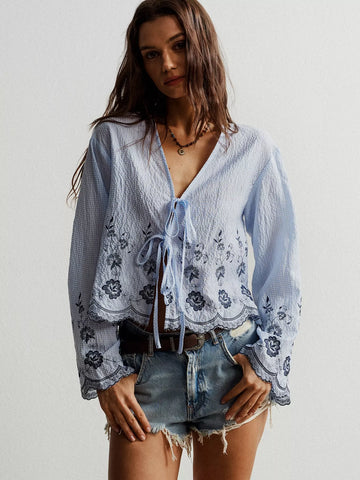 Floral Embroidered Tie Front Blouse