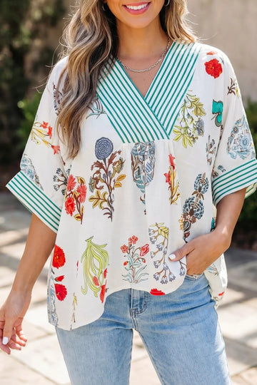 Floral Stripe V Neck Blouse