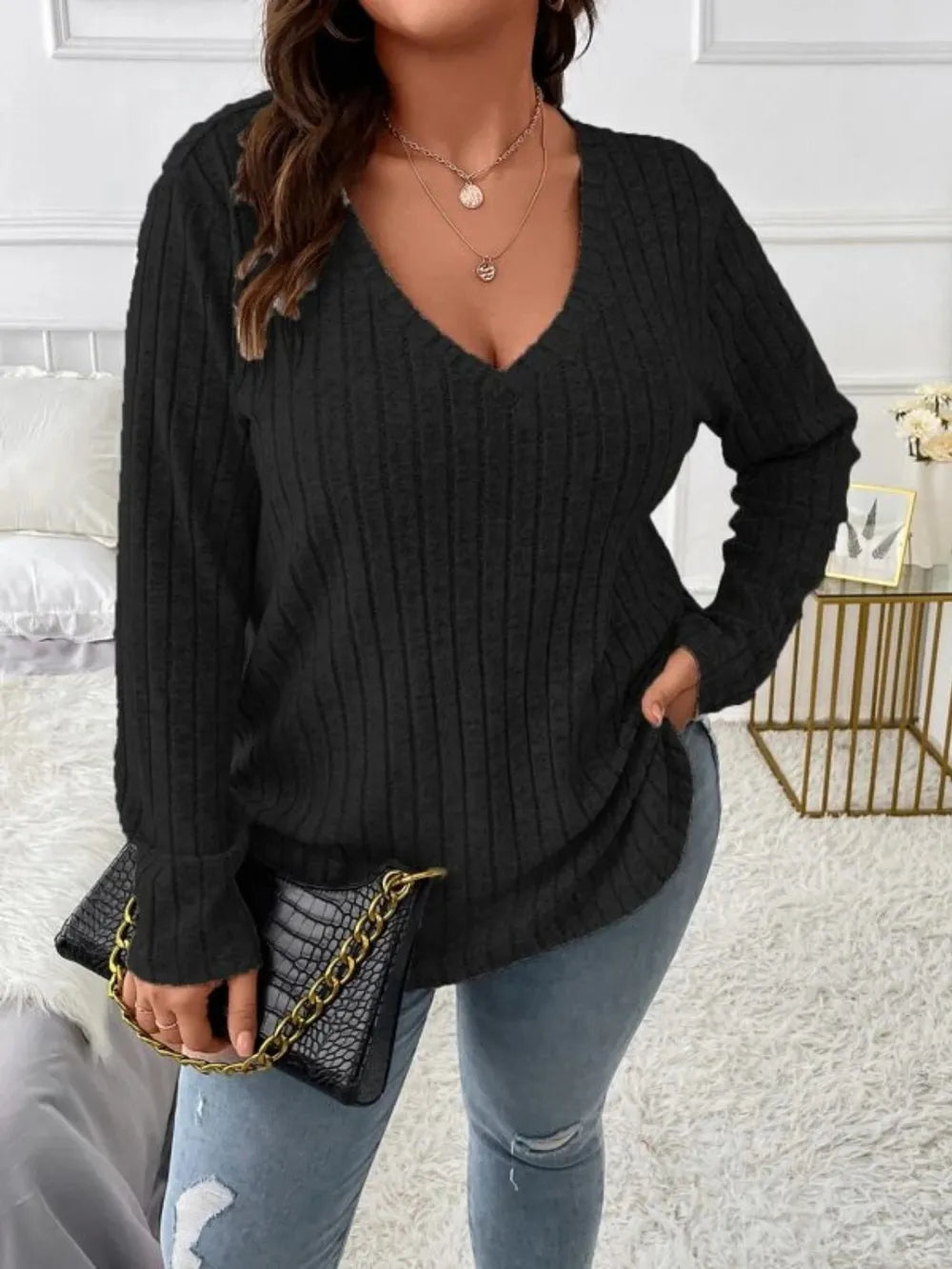 Plus Size V Neck Long Sleeve T-Shirt