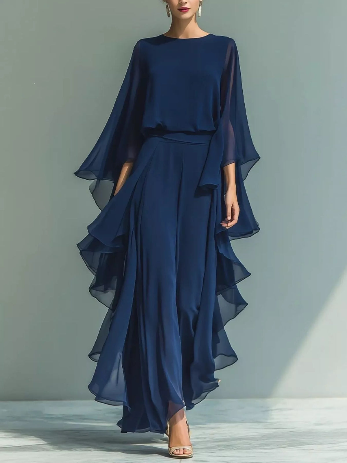 Ruffled Chiffon Top & Pants Set