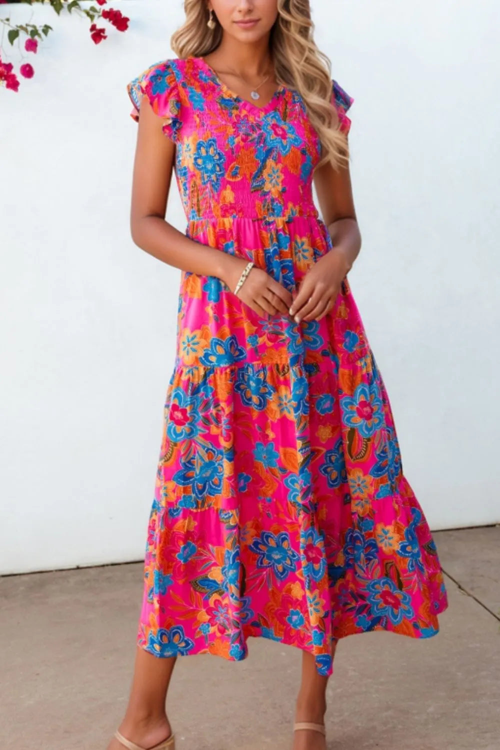 Boho Floral V Neck Ruffle Tiered Maxi Dress