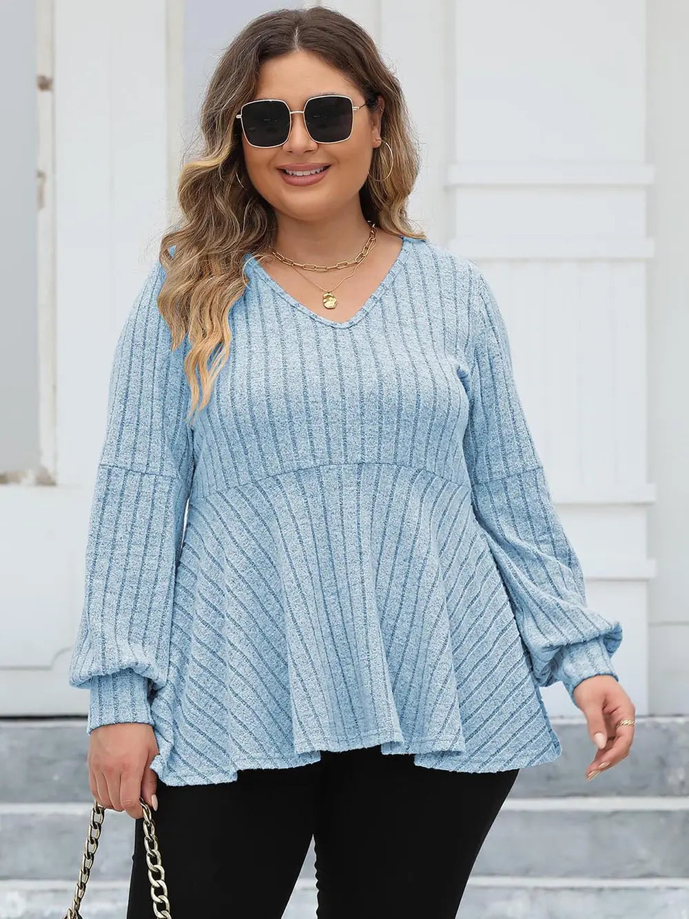Plus Size Ribbed V Neck Long Sleeve Blouse