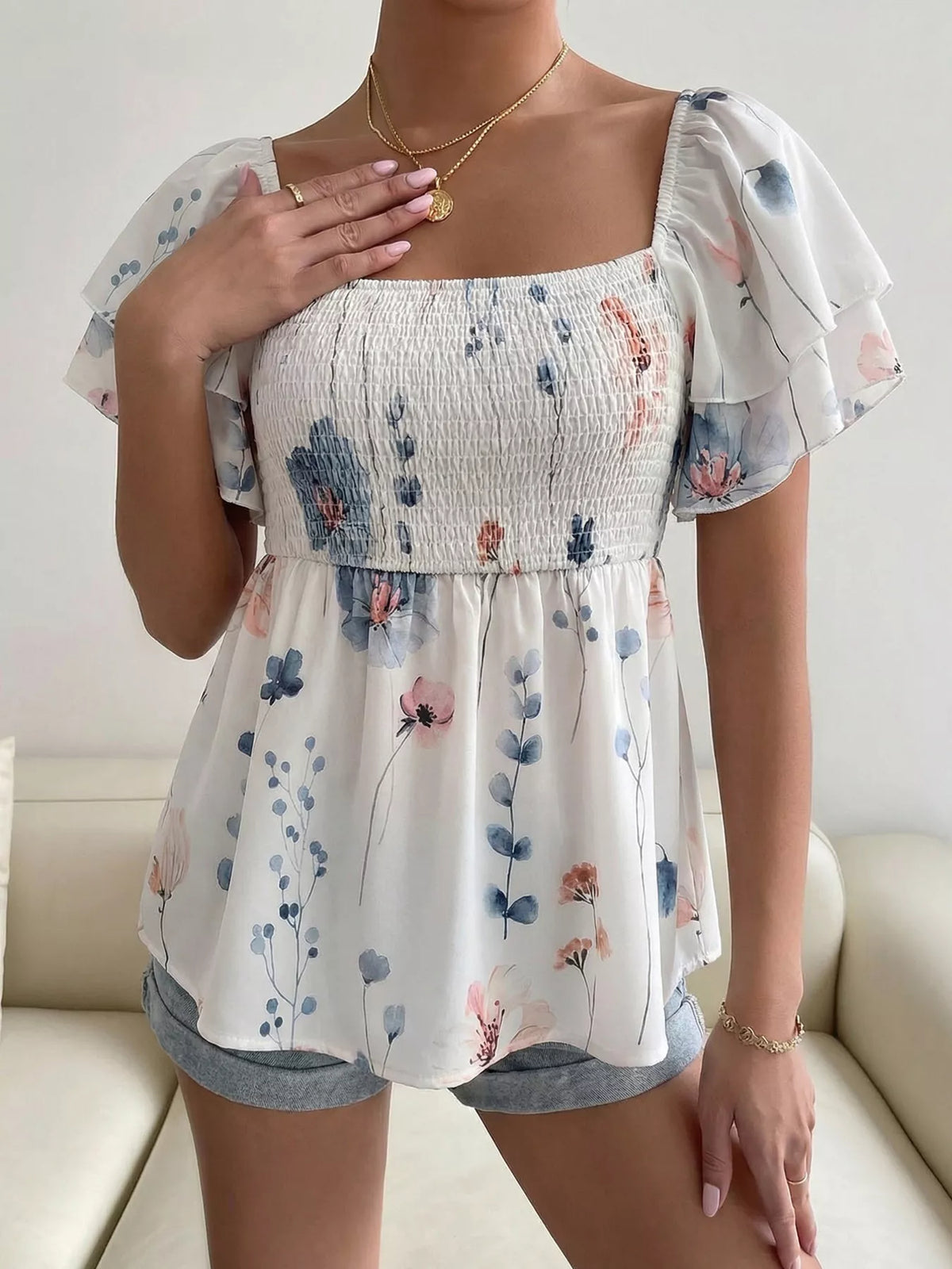 Smocked Square-Neck Flutter Sleeve Blouse