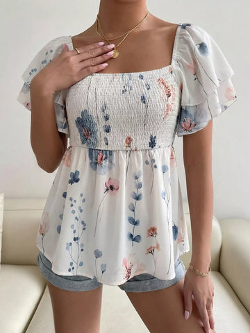 Smocked Square Neck Flutter Sleeve Blouse
