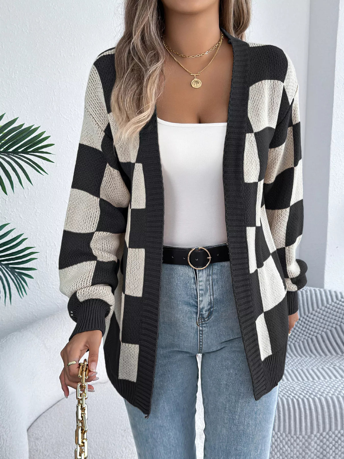 Checkerboard Pattern Open Front Knit Cardigan
