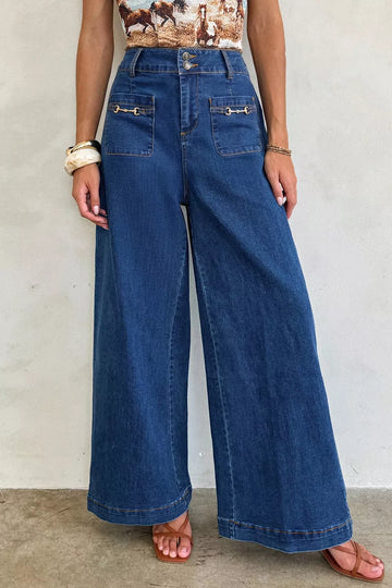 Hardware Decor Patched Pockets Wide Leg Jeans