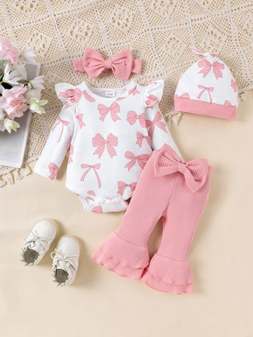 Children's Bow Print Bodysuit and Pants Set with Headband