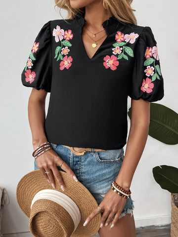 Floral Puff Sleeve Notched Blouse