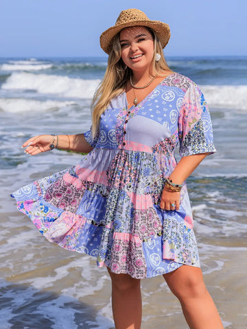 Plus Size Printed V Neck Tiered Mini Dress