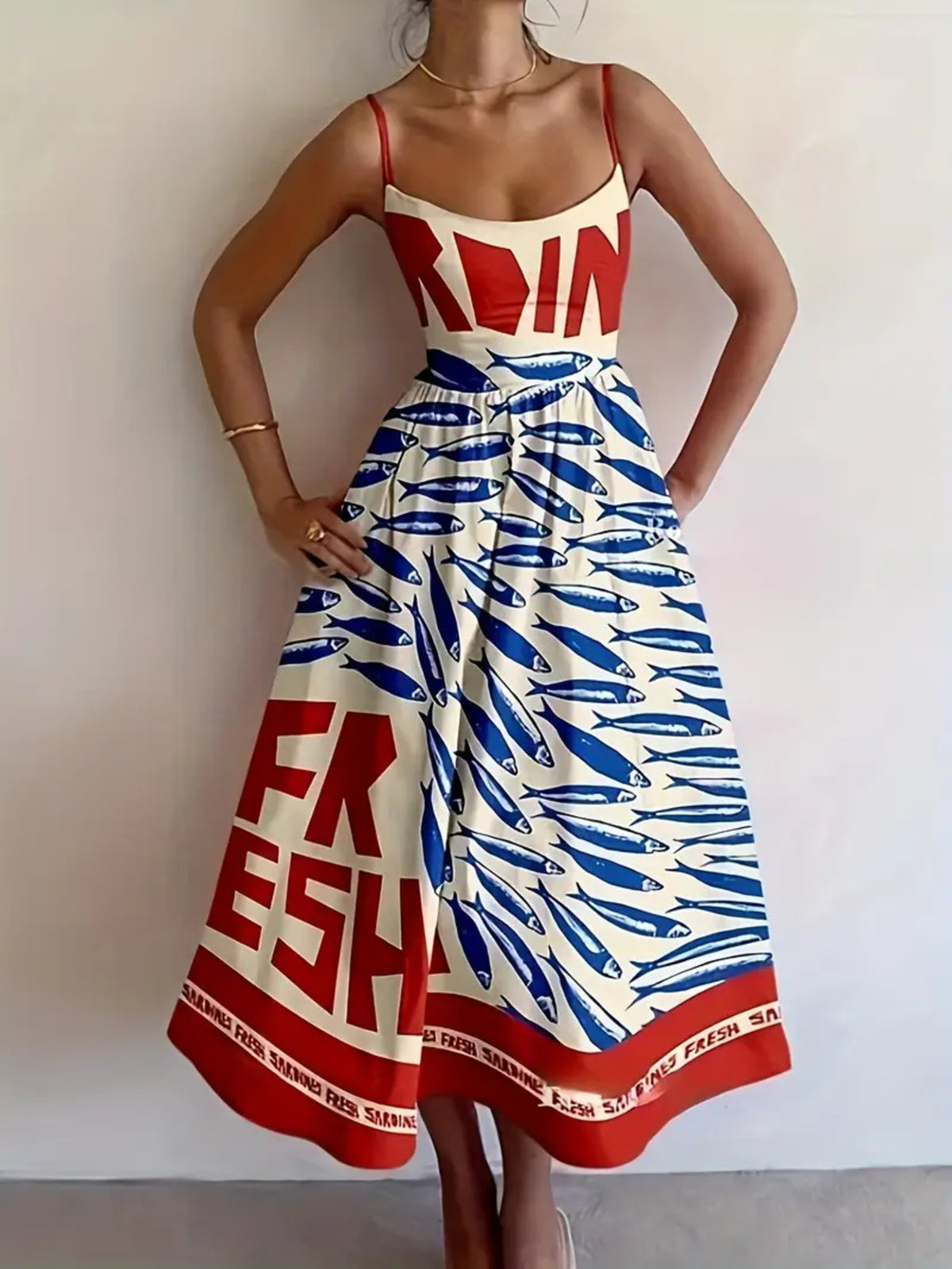 Sardine Print Spaghetti-Strap Midi Dress