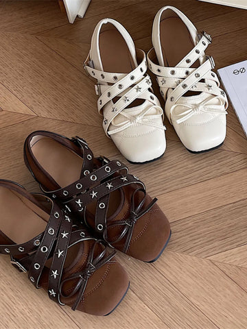 Studded Strappy Bow Slip Ons