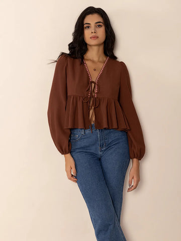 Peplum Tied V Neck Long Sleeve Blouse