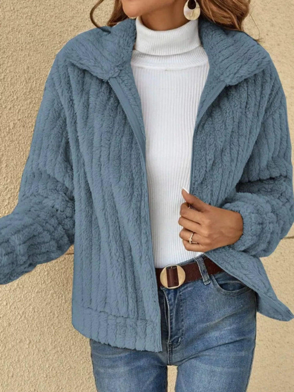 Full Size Zip-Up Long Sleeve Texture Jacket Plus Size