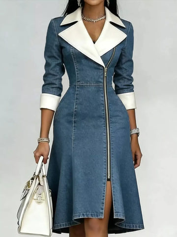 Full Size Contrast Lapel Zip-Front Denim Dress Plus Size