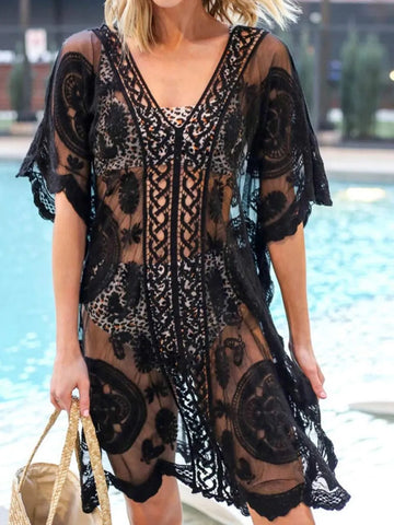 Lace V Neck Half Sleeve Cover Up