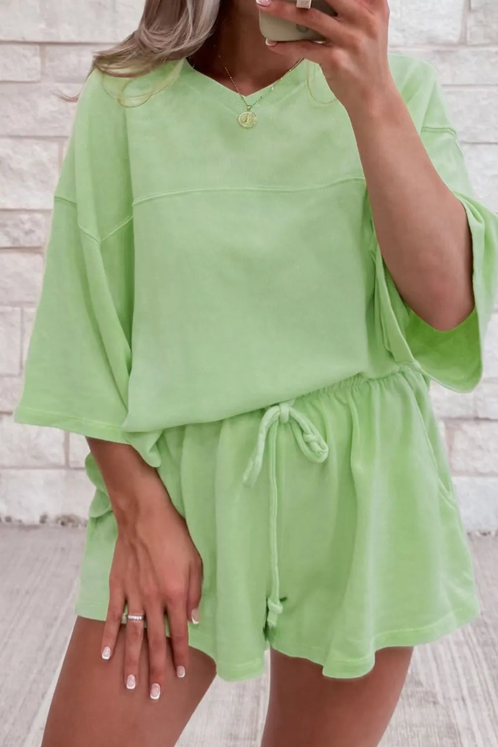 Loose V Neck Half Sleeve Tee and Drawstring Shorts Plus Size