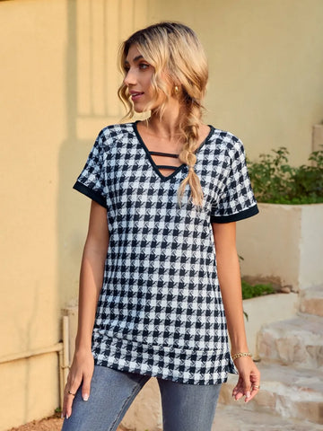 Houndstooth V Neck Short Sleeve T-Shirt